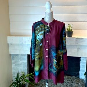 Citron Santa Monica Floral Asian Inspired Washable Silk Blouse Size 3X Preloved